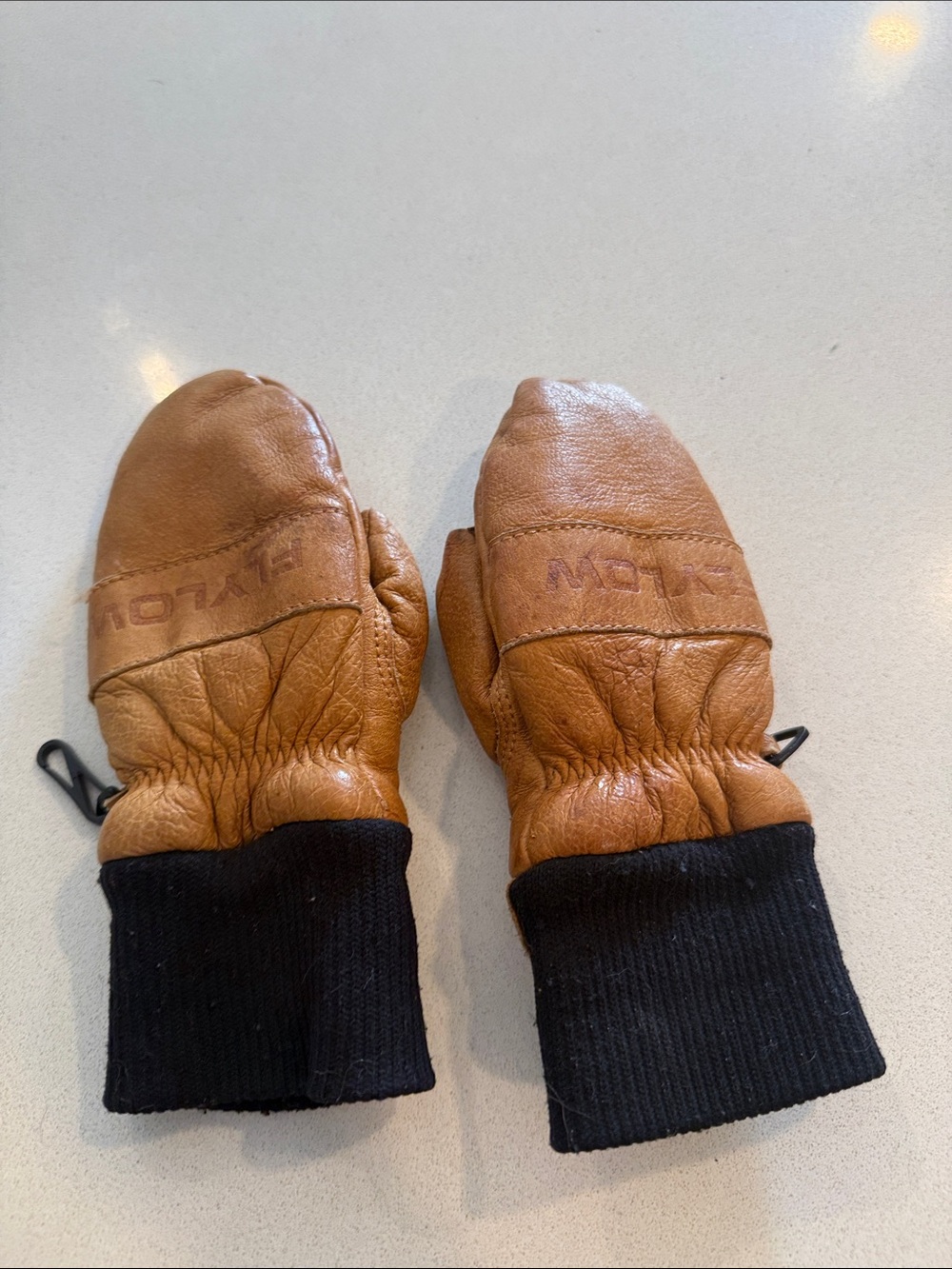 Children's Tan Leather Mittens with Black Knit Cuffs